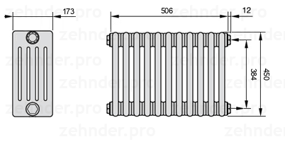 Схема (чертеж) Радиатор Zehnder Charleston 5045/11 №7610 Белый глянцевый RAL 9016